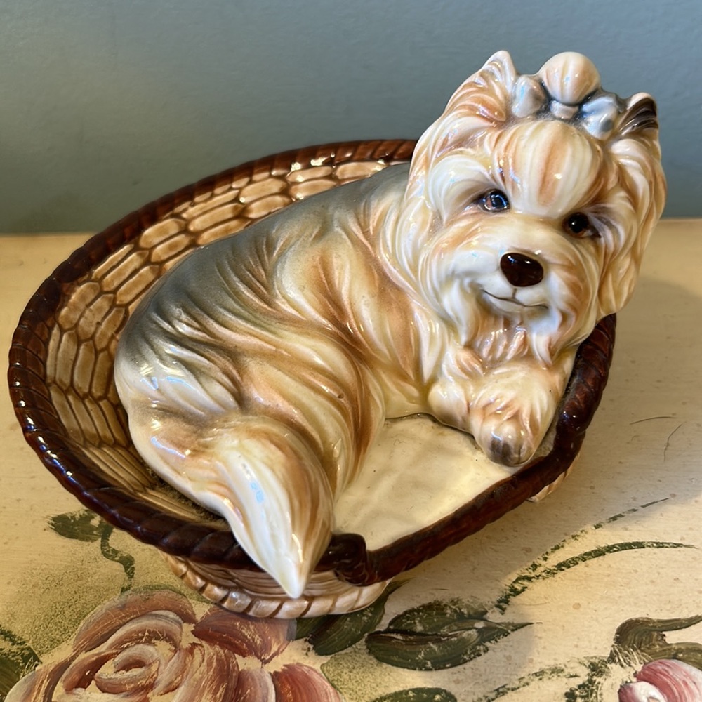 Vintage Japan Yorkie Terrier Dog in Basket Figurine Collectible